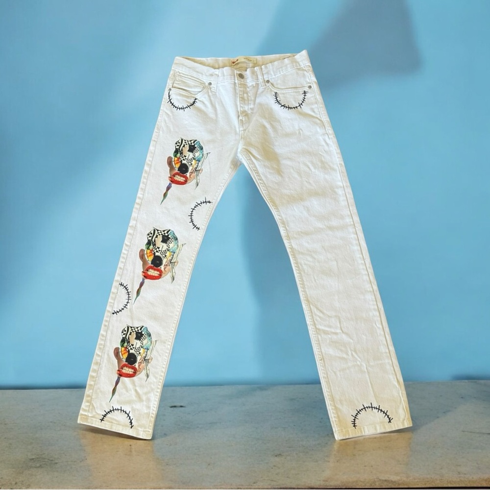 Unisex Up-cycled reworked one of a kind custom made 511 slim Levi’s white jeans.
